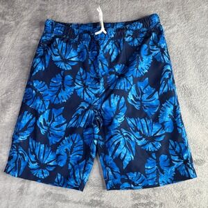 Lands End Swim Trunks Boys L 14-16 Blue Tropical Leaf Print Mesh Lined Shorts